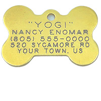 brass tag bone shape with engraved text