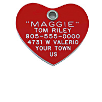 plastic heart tag engraved white lettering